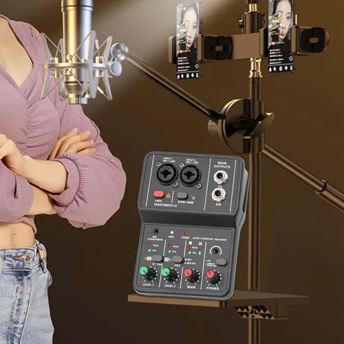 Miniatura 3 de Mezclador de audio de 2 canales, consola de mezcla, tablero de sonido, mezclador profesional USB, potencia de 48 V, alta precisión, resolución