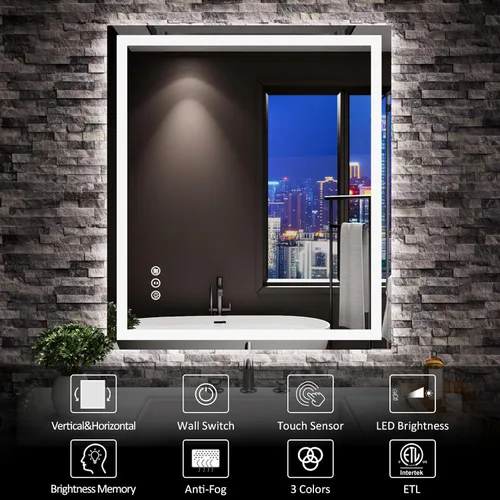 Miniatura 6 de Amorho Espejo LED para baño, espejo de 28 x 32 pulgadas con luz frontal y retroiluminación, regulable continuo, a prueba de roturas, memoria, 3