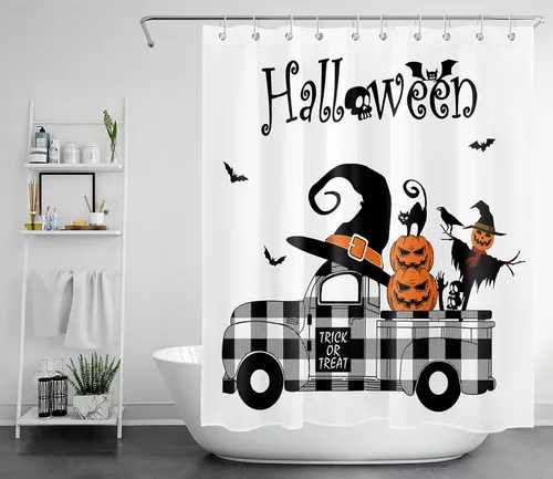 Miniatura 10 de LB Cortina de ducha de Halloween, cementerio de terror, fantasma, gatos negros en árbol, calabaza, cortinas de ducha para baño con ganchos, 60 x 72