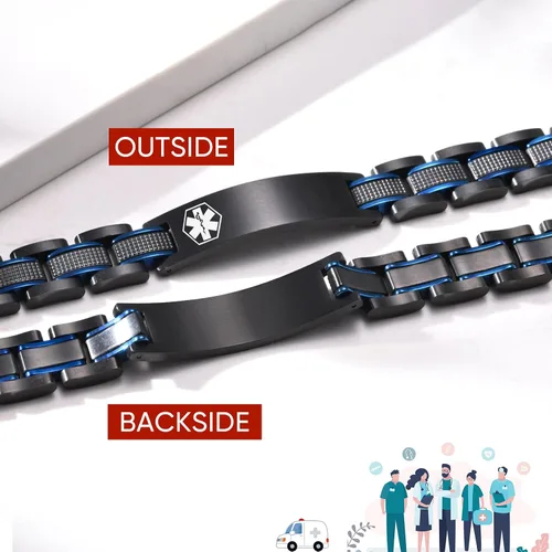 Miniatura 6 de Free Custom Engraving Medical ID Bracelet 2-tone Blue Black Titanium Steel Heavy Masculine Elaborate Men's Medical Alert Bracelet Wristband Jewelry