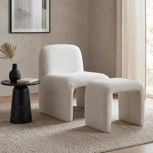 Miniatura 9 de Silla moderna para sala de estar con otomana, silla tapizada de lino mixto, cómoda silla de lectura lateral para sala de estar, dormitorio, Beige