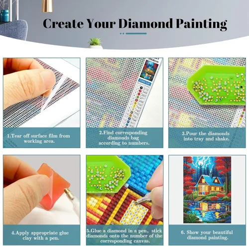 Miniatura 3 de YOYA Paquete de 2 Kits de Pintura de Diamantes de Cabaña de Troncos para Adultos, Kits de Arte de Diamantes 5D de Cabaña del Lago para Adultos, Kit