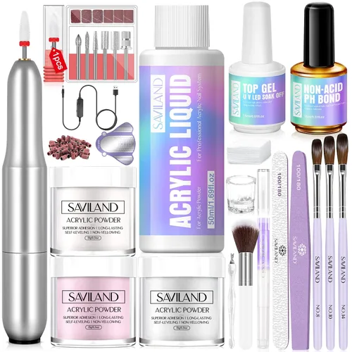 Kit de uñas acrílicas SAVILAND con taladro: juego profesional de polvo acrílico de 0.5Oz transparente/blanco/rosa y líquido de 50ml con taladro,