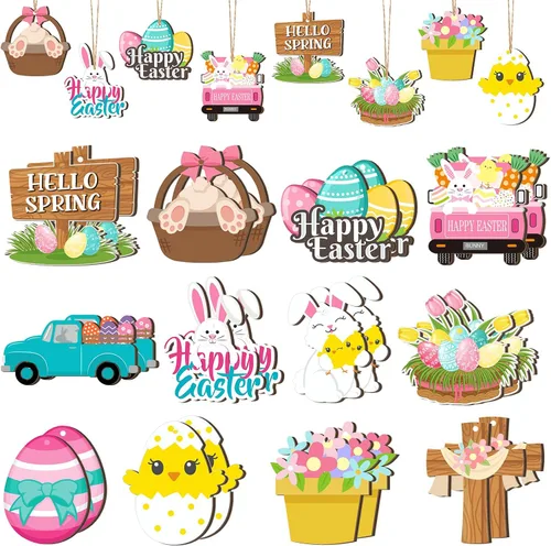 Marsui 24 adornos de Pascua para árbol, feliz Pascua, adornos colgantes de madera, huevo, conejo, primavera, árbol, gnomo, pollo, rebanadas de