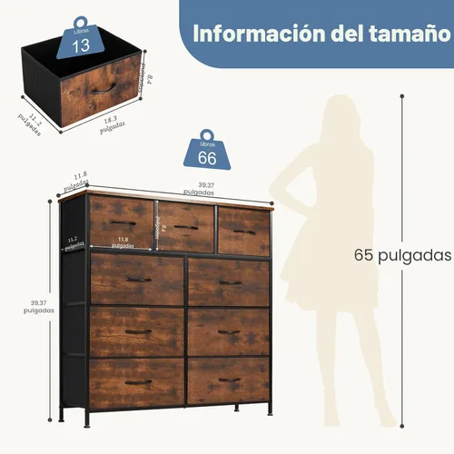 Miniatura 2 de DUMOS Cómoda para dormitorio, organizador de almacenamiento con 9 cajones, cómoda con cubos de tela, marco de metal resistente, mesa de madera