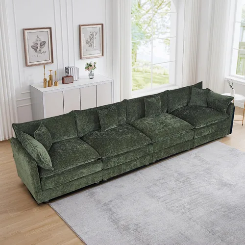Miniatura 15 de Setawix Sofá Profundo de 3 Plazas con Otomana, Sofás de Nube en Forma de L de 112.2" para Sala de Estar, Sofá de Nube de Chenilla con Asiento Café