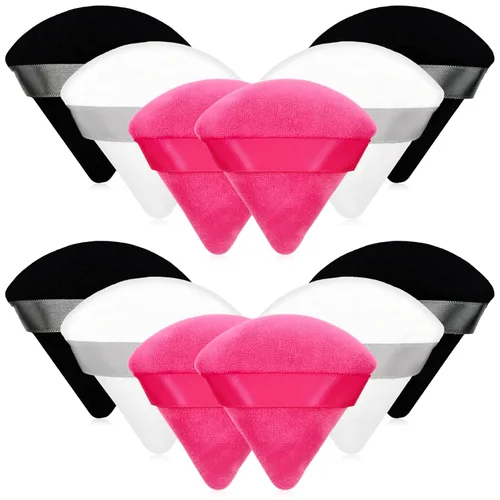 Miniatura 19 de 12 bolsas de polvo cosmético rosa, 2.76 pulgadas, portátil, suave, esponja, para la cara, soplo de terciopelo triangular con asa de cinta para polvo