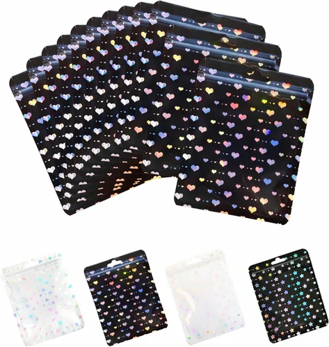Miniatura 19 de 100 bolsas de embalaje holográficas resellables para pequeñas empresas, embalaje transparente con cierre de cremallera para recuerdos de fiesta