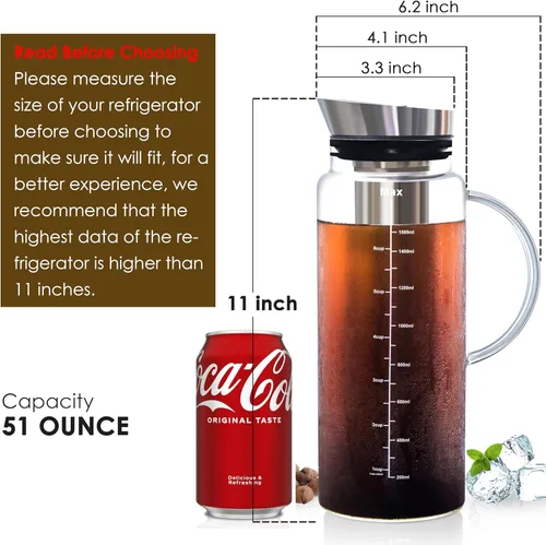 Miniatura 4 de Aquach Cafetera de Café Frío y Té Helado con Jarra de Frutas - Gran Capacidad de 51 Onzas - con Jarra de Vidrio Duradera/Infusor de Malla Fina