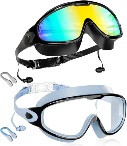 Aegend Nuevo paquete de 2 gafas de natación de visión amplia para niños, gafas antivaho/anti-UV sin fugas con tapones para los oídos para niños de 3