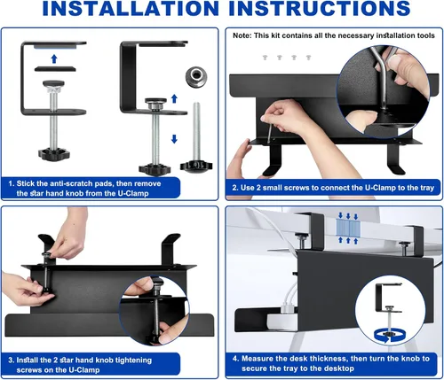 Miniatura 4 de ZhiYo Bandeja de acero para organizar cables de 15.8 pulgadas debajo del escritorio, bandeja de cables XL con abrazadera debajo de la mesa