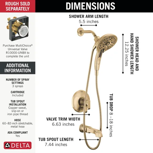 Miniatura 5 de Delta Faucet Tetra 17 Series - Juego de grifo dorado de doble función para bañera y ducha con cabezal de ducha 2 en 1 In2ition con rociador de mano
