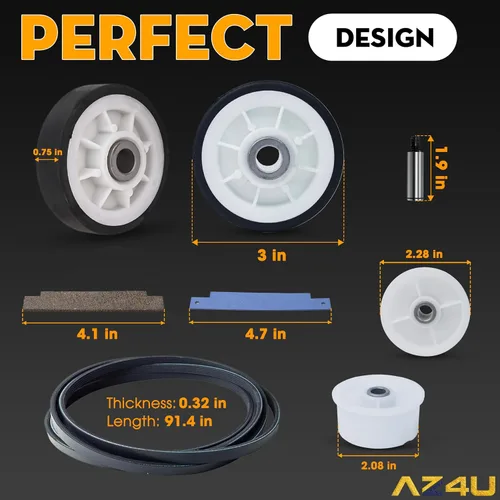 Miniatura 2 de Kit de reparación de secador AZ4U Rodillos del tambor 12001541 303373K W10116741 303373, Correa 33002535 WP33002535 33001777, Polea tensora