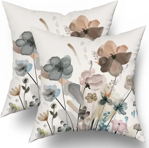 Kawani juego de 2 fundas de cojín decorativas de 18 x 18 pulgadas, color marrón teja, crema, gris y beige con flores florales en acuarela, fundas