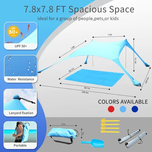 Miniatura 6 de Tienda de campaña de playa de 77 pies con protección UV UPF50+, toldo al aire libre con 2 postes para camping, pesca, patio trasero y pícnics