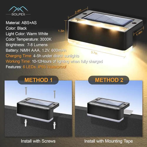 Miniatura 8 de SOLPEX Luces Solares para Cercas, 6 LEDs Luces Solares para Exteriores Impermeables Alimentadas por Energía Solar para Terraza, Escalera, Porche