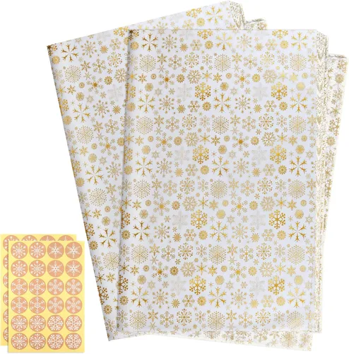 CHRORINE 90 hojas de papel de regalo de Navidad con copos de nieve dorados con etiquetas de copo de nieve para manualidades, decoración de fiesta de