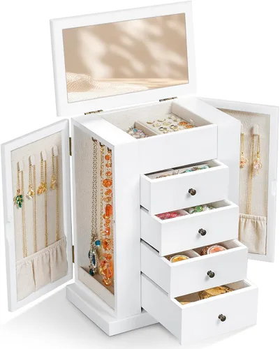 Emfogo Joyero para mujer, joyero de madera grande de 5 capas y organizadores para collares, aretes, anillos, pulseras, caja organizadora de joyas