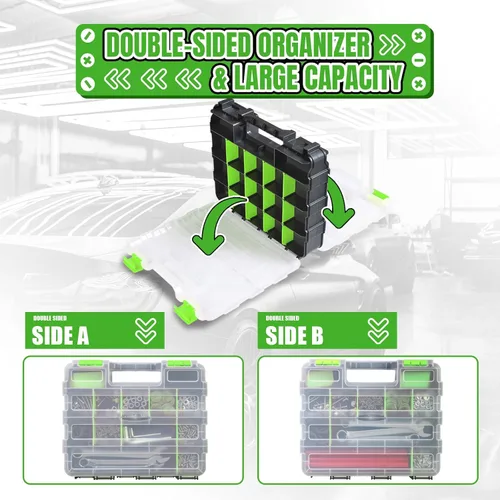 Miniatura 6 de Jack Boss Caja de herramientas con tapa transparente, caja organizadora de 34 compartimentos de doble cara con divisores extraíbles para herrajes