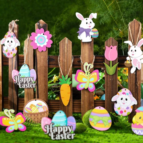 Miniatura 2 de Qunclay 24 piezas de adornos de madera de primavera de Pascua, huevos de flores, conejo, huevo, letreros colgantes para árbol, decoraciones