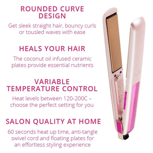 Miniatura 6 de Lee Stafford Plancha profesional para el cabello, plancha plana de cerámica Coco LoCo, control de temperatura variable, placas flotantes, color rosa