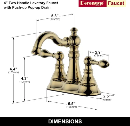 Llave de baño de latón pulido de dos asas de 3 agujeros con conjunto de drenaje emergente, llave de lavamanos clásico de 4 pulgadas con caño