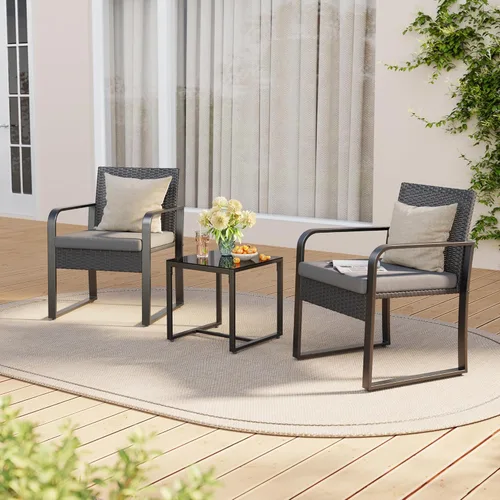 Miniatura 6 de Gizoon Juego de 3 piezas de muebles de patio tipo bistró, juego de muebles de mimbre negro para exteriores, juego moderno de sillas de ratán