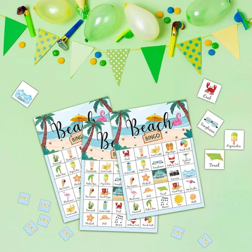 Miniatura 3 de Juego de bingo de playa, juegos de fiesta temática de verano tropical con 24 jugadores, actividades de suministros hawaianos, recuerdos de fiesta