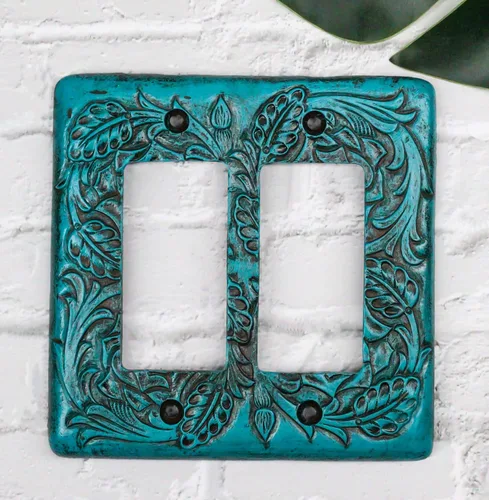 Miniatura 2 de Ebros Gift Juego de 2 rollos florales rústicos occidentales sobre fondo turquesa vintage, placa eléctrica de pared pintada a mano en 3D, accesorio