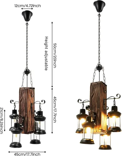 Miniatura 4 de DouSeiAi Lámpara colgante de madera industrial vintage de 4 luces, lámpara de araña retro con base E26, accesorio de techo colgante para cafetería