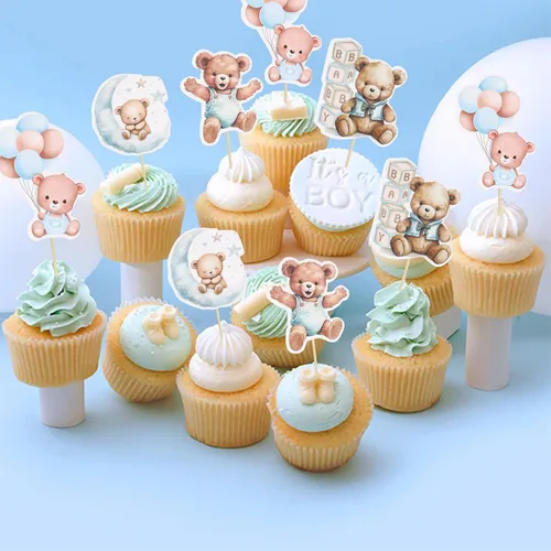 Miniatura 6 de Gyufise 32 Piezas Decoraciones para Cupcakes de Oso de Baby Shower Luna Oso Bebé Decoraciones de Pastel de Baby Shower Tema de Animales de la Selva