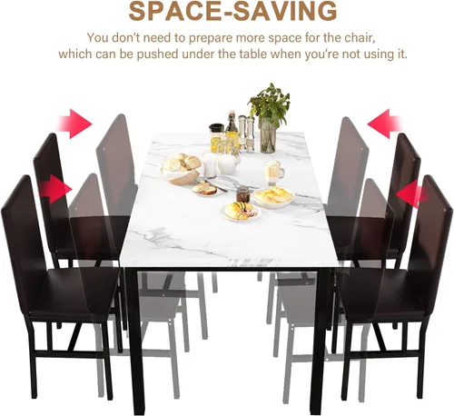 Miniatura 9 de Juego de 4 mesas de comedor para 4, juego de 4 mesas y sillas de cocina de mármol sintético, juego de mesa de comedor moderno con 4 sillas de cuero