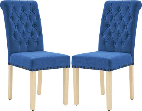 Miniatura 17 de LOULENS Juego de 2 sillas de comedor de tela, modernas sillas Parson tapizadas de lino con ribete de cabezas de clavos, botones acolchados, patas