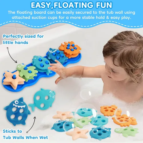 Miniatura 5 de Juguetes de baño para bebés, juguetes de baño de silicona para clasificar y apilar formas sin moho para niños de 1 a 3 años con 10 bonitas piezas