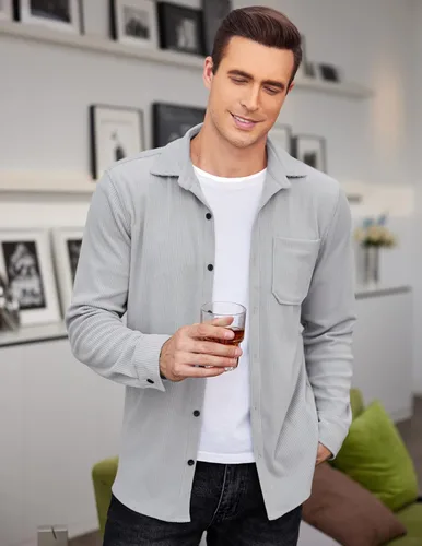 Miniatura 4 de COOFANDY Camisa de pana para hombre, estilo chaqueta ligera, de manga larga, con botones