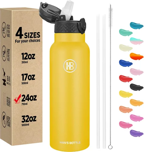 Miniatura 47 de Han's Bottle - Botella de agua para niños con tapa con pajilla - Vaso reutilizable de acero inoxidable aislado para niñas, niños, taza termo, 17
