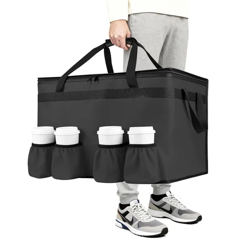 Bolsa aislada para entrega de alimentos con 4 portavasos, bolsas de comestibles XXXL que mantienen los alimentos calientes/fríos, bolsas enfriadoras