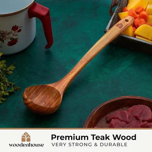Miniatura 7 de Cucharón de madera para cocinar, cuchara de sopa - Cuchara de madera de teca, mango de 12.4 pulgadas, tamaño mediano de 2 onzas, ecológico, natural