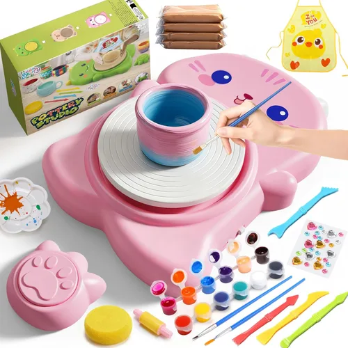 Miniatura 7 de Skirfy Mini Kit de Rueda de Alfarería para Principiantes Niños, Rueda Eléctrica de Cerámica con Pedal de Pie y Kit de Pintura, Velocidad Ajustable