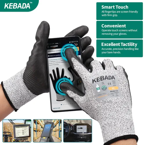 Miniatura 3 de Kebada Guantes resistentes a cortes, guantes de corte ANSI A2, revestimiento de poliuretano, pantalla táctil, modelo multiusos C2, 1 par, grande Gris