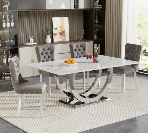 Miniatura 36 de Juego de mesa de comedor de 5 piezas para 4, mesa de cocina de mármol negro de 68 pulgadas con 4 sillas beige, mesa de comedor rectangular moderna