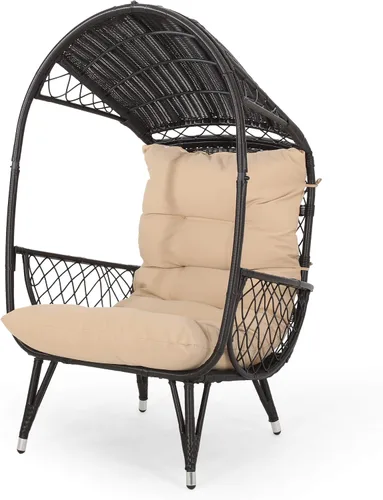 Miniatura 10 de GDFStudio Joanna - Silla de mimbre para exteriores con cojín, color marrón claro y beige