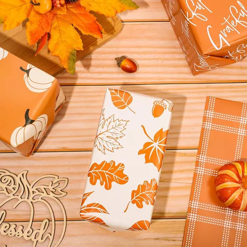 Miniatura 5 de Whaline 12 hojas de papel de regalo de otoño, hojas de otoño, calabaza, cuadros, papel de regalo de 4 estilos, color naranja y blanco, papel