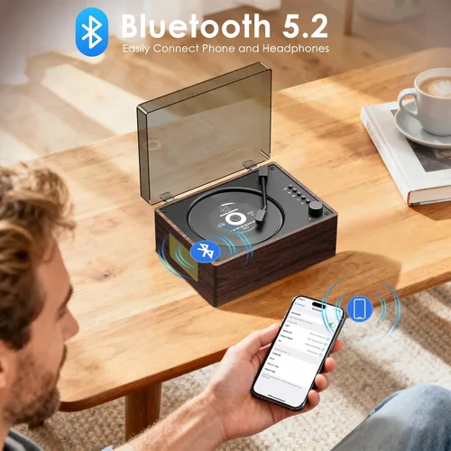 Miniatura 3 de Reproductor de CD portátil para el hogar con Bluetooth 5.3, altavoces duales de alta fidelidad, AUX de 3.5mm, reproducción USB Reproductor de CD