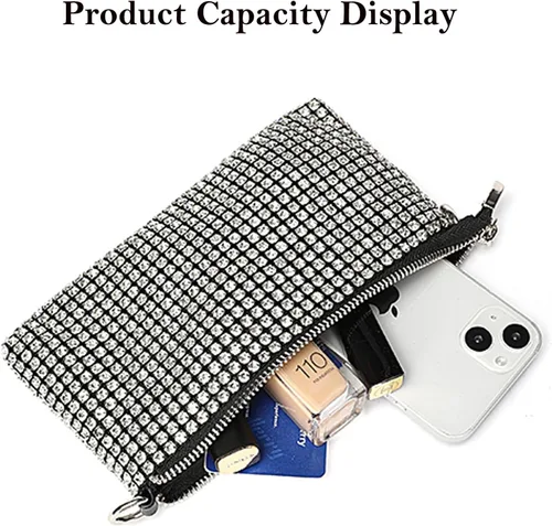Miniatura 3 de Silver Clutch Women Rhinestone Evening Bag Wedding Crystal Bride Engagement Purse Fold Over Chain Crossbody Shoulder Bag
