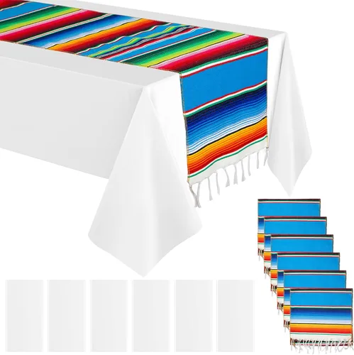 Miniatura 9 de Mixweer Juego de camino de mesa y mantel mexicano de algodón, mantel desechable de plástico con serape mexicano, mantel rectangular de plástico
