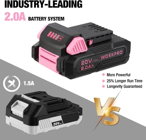 Miniatura 5 de WORKPRO Taladro Atornillador Inalámbrico Rosa de 20V y Juego de Herramientas para el Hogar, Kit de Herramientas Manuales de 141 Piezas