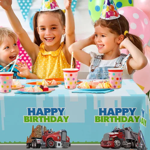 Miniatura 6 de Mantel de feliz cumpleaños para camión, suministros de plástico para niños, niñas, color verde, suministros de fiesta de cumpleaños, fiesta, picnic