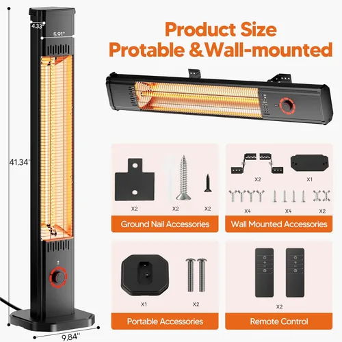 Miniatura 4 de Calentador de exterior para patio de 1500 W, temporizador de 8 horas, impermeable, calentador eléctrico infrarrojo para patio, calefacción de 8