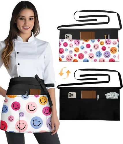 Miniatura 10 de Slohif Delantal Reversible de Servidor con 6 Bolsillos - Delantal de Cintura para Camarera Mujeres Delantal Corto de Media Porción Camarero